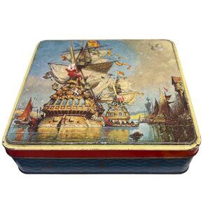 Gray Dunn Biscuit Tin With Ship Design 1960's Nautical 8.5 x 9.25" Vintage UK